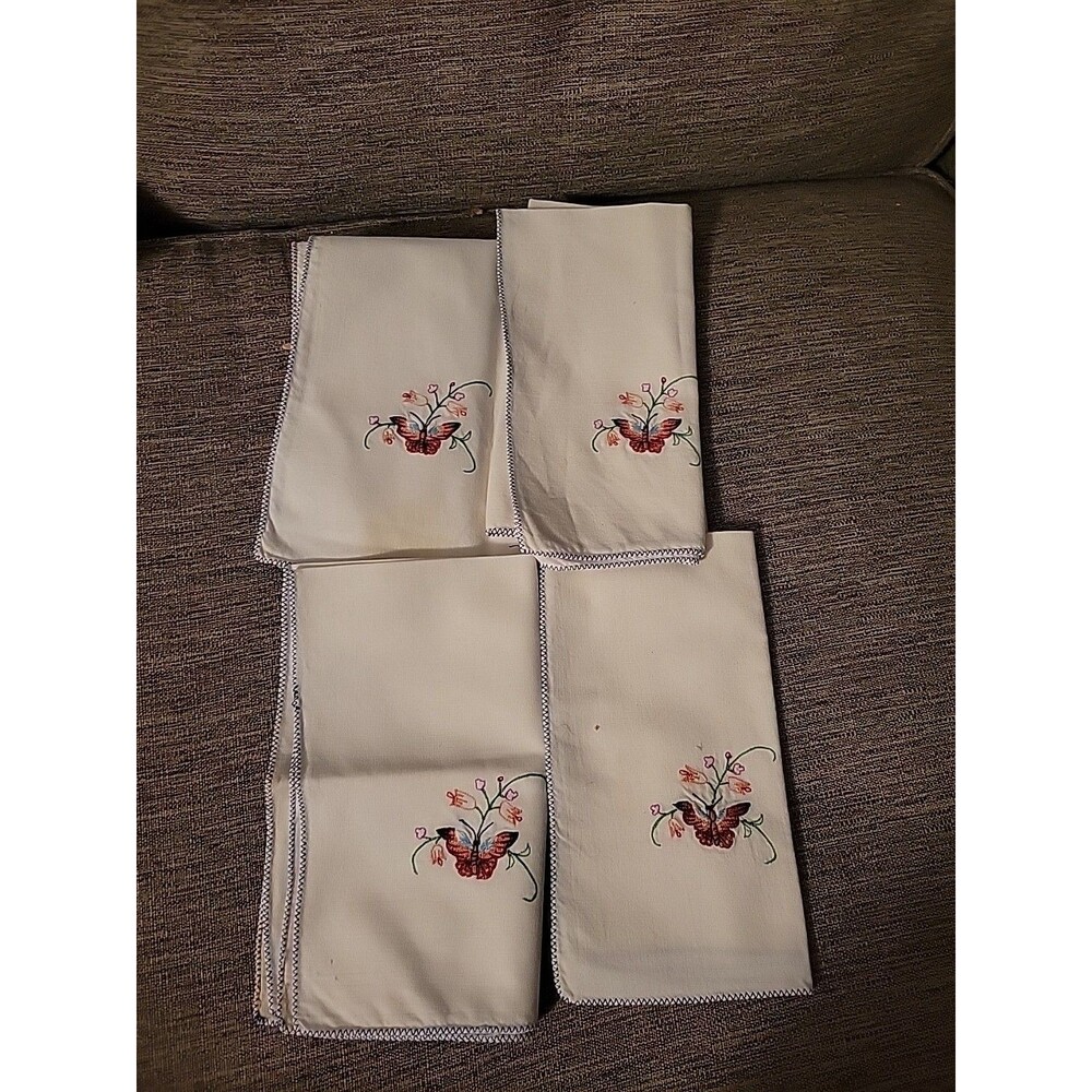 4 Vtg Butterfly Napkins Embroidered Flowers Orange Red Set